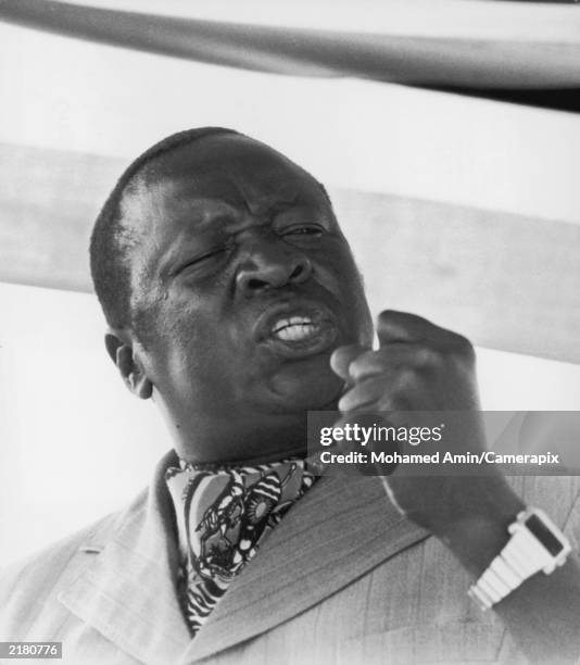 Ugandan President Idi Amin making a speech at an Organization of African Unity Information Ministers meeting in 1978.