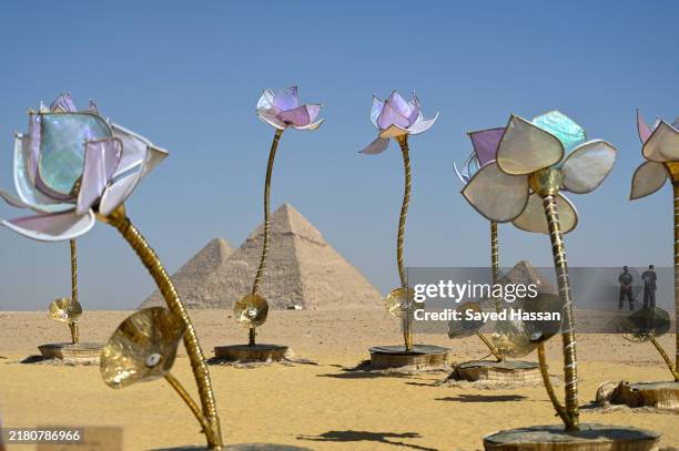 The art installation titled 'Padma/Pulse and Bloom' by Indian artist Shilo Shiv Suleman is displayed near the Pyramids of Giza on October 24, 2024 in...