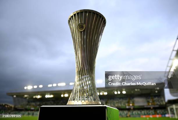 General view as the UEFA Conference League trophy is seen on the plinth prior to the UEFA Conference League 2024/25 League Phase MD2 match between...
