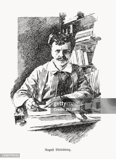 august strindberg (1849-1912), swedish playwright, wood engraving, published 1895 - man taking notes stock illustrations