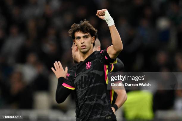 Joao Felix of Chelsea celebrates scoring his team's first goal during the UEFA Conference League 2024/25 League Phase MD2 match between Panathinaikos...