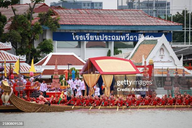 Barge carrying Thailand's King Maha Vajiralongkorn and Queen Suthida is seen during the Royal Barge Procession to mark the King's 72nd birthday along...