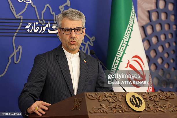 Iran's foreign ministry spokesman Esmaeil Baghaei holds a weekly press conference in Tehran on October 28, 2024. Israel on October 26 launched air...
