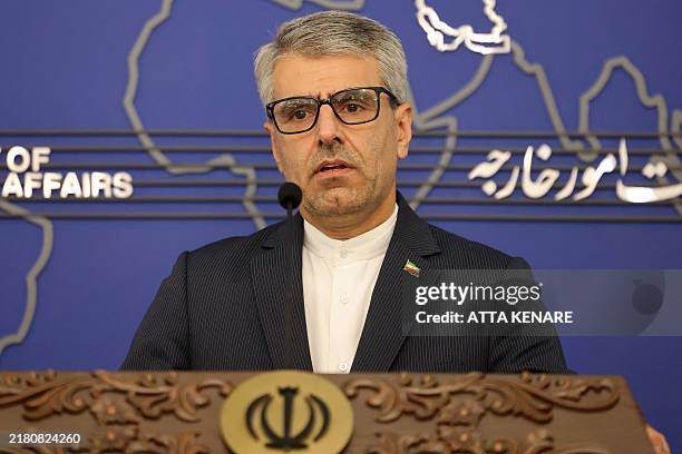Iran's foreign ministry spokesman Esmaeil Baghaei holds a weekly press conference in Tehran on October 28, 2024. Israel on October 26 launched air...