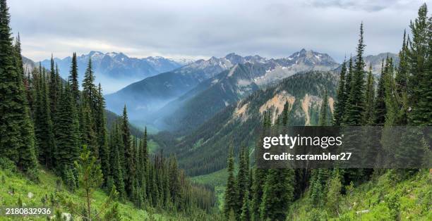 distant wildfires in a mountain valley, kootenay ranges, canadian rockies, british columbia, canada - dramatische landschaft stock-fotos und bilder