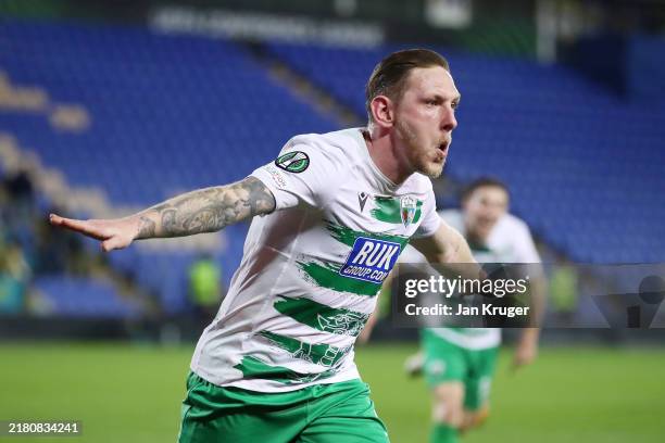 Declan McManus of The New Saints celebrates scoring his team's second goal during the UEFA Conference League 2024/25 League Phase MD2 match between...