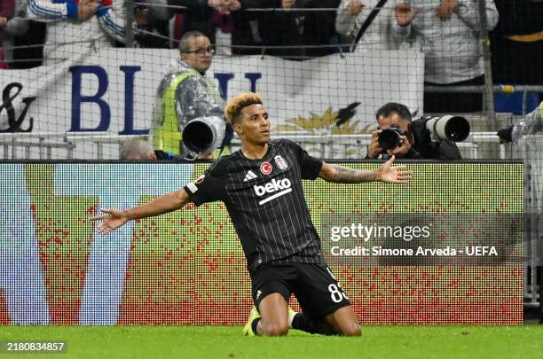 Gedson Fernandes of Besiktas celebrates scoring his team's first goal during the UEFA Europa League 2024/25 League Phase MD3 match between Olympique...