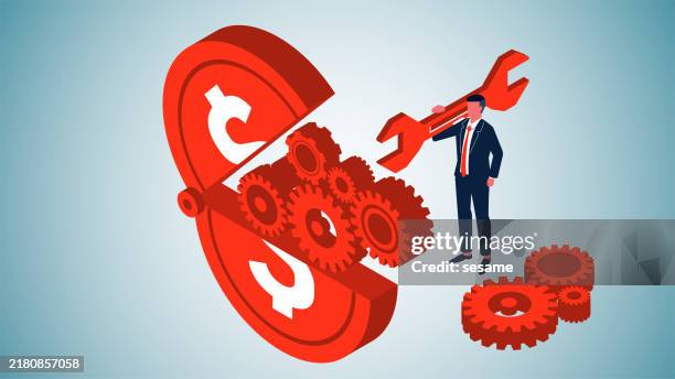 financial maintenance and repair, optimizing financial investments or improving business profits, solving business problems, isometric traders taking wrenches to fix gears inside gold coins - finance stock illustrations