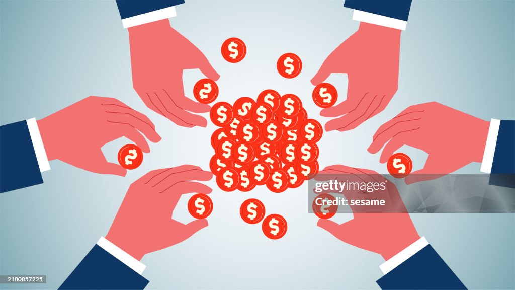 Crowdfunding, Vermögen sammeln oder Gewinne teilen, Gewinne investieren, Marktanteile, Goldmünzen in Stapel legen