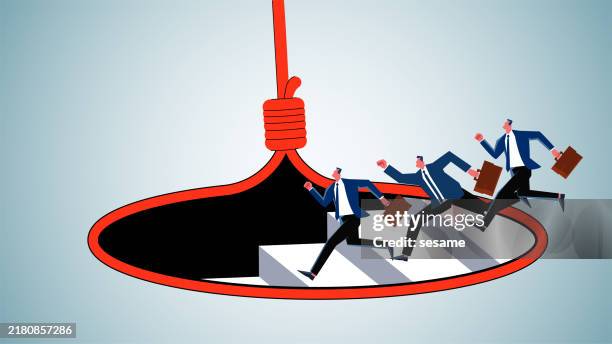 stockillustraties, clipart, cartoons en iconen met people fall into temptation, traps or hoaxes, and businessmen run down the stairs into the trap - pitfall
