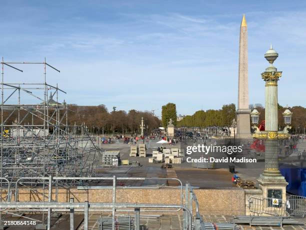 General view shows the disassembling of the La Concorde venue for BMX freestyle, breaking, skateboarding and 3X3 basketball competitions of the 2024...