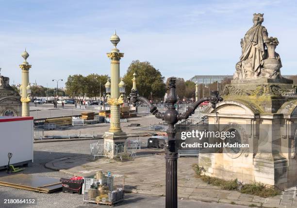 General view shows the disassembling of the La Concorde venue for BMX freestyle, breaking, skateboarding and 3X3 basketball competitions of the 2024...