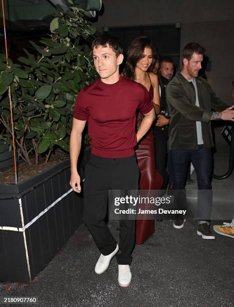 Tom Holland and Zendaya are seen leaving the Corner Bar on October 24, 2024 in New York City.