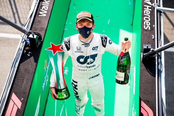 Race Winner Pierre Gasly, AlphaTauri celebrates on the podium with the chamapgne and the trophy during the Italian GP at Autodromo Nazionale Monza on...