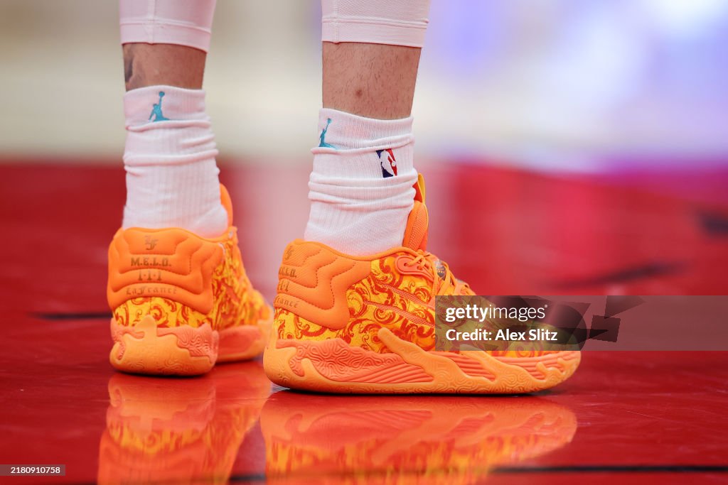 Hornets Rockets 2002 The shoes of LaMelo Ball of the Charlotte Hornets are seen during the ...