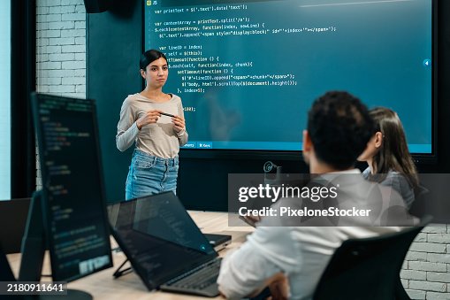 Program Projecting Young Female Software Developer Presenting The Program Coding Language ...