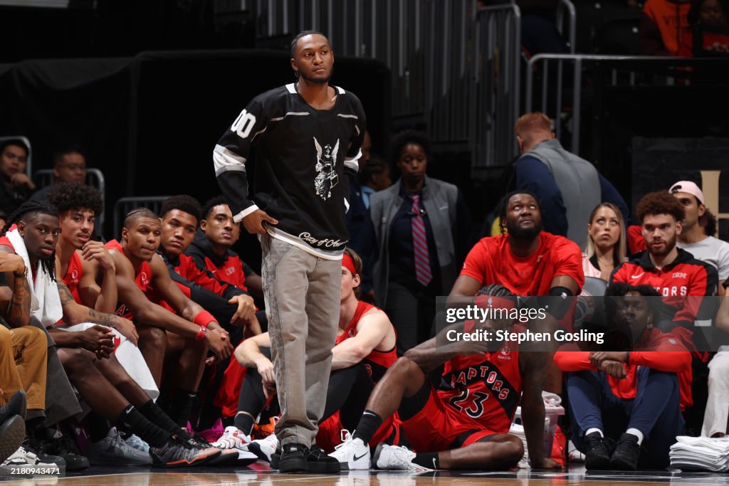 Quickley Raptors Immanuel Quickley of the Toronto Raptors looks on during the game ...