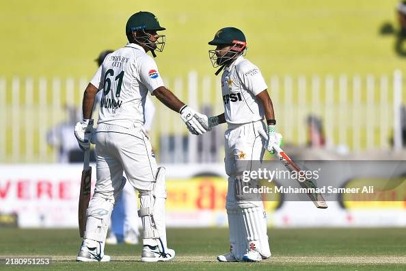 Shakeel Rd Noman Ali and Saud Shakeel celebrate their 50 runs partnership during ...