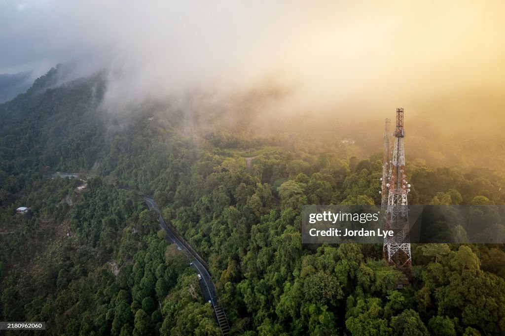 Aerial view of city telecommunication tower in greenery and sunrise,