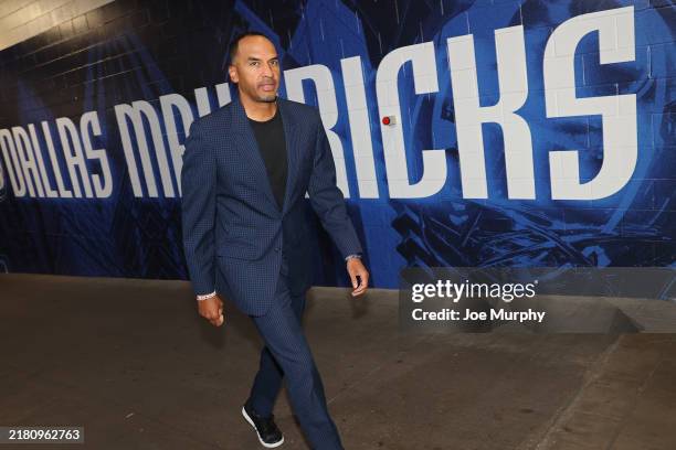 Nico Harrison of the Dallas Mavericks arrives to the arena before the game against the San Antonio Spurs on October 24, 2024 at American Airlines...