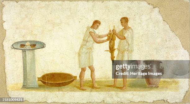 Fragment of a Fresco Panel with a Meal Preparation, A.D. 1-79. In this scene of domestic activity, two men prepare the carcass of a small,...