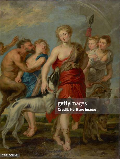 Diana and Her Nymphs on the Hunt, 1627-1628. The robust figure of Diana strides into the foreground, swathed in a blood-red robe and clasping a spear...
