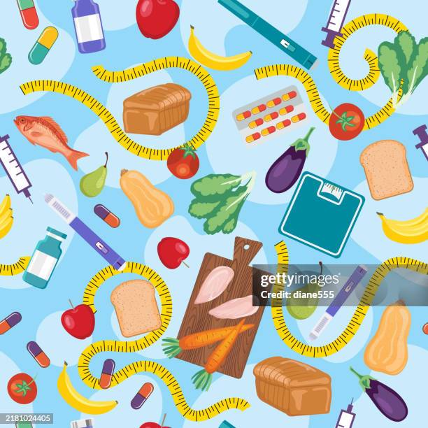 weight loss concept with semaglutide and healthy diet elements in a seamless pattern repeat - plus sized stock illustrations