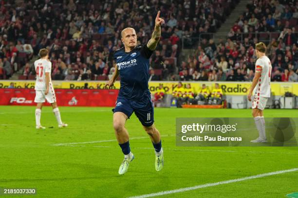 Sven Michel of SC Paderborn 07 celebrates scoring his team's second goal during the Second Bundesliga match between 1. FC Köln and SC Paderborn 07 at...