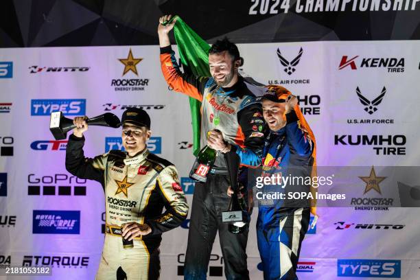Fredric Aasbo James Deane Conor Shanahan pose on the winner podium after a champagne celebration. Formula Drift is back in Southern California for...
