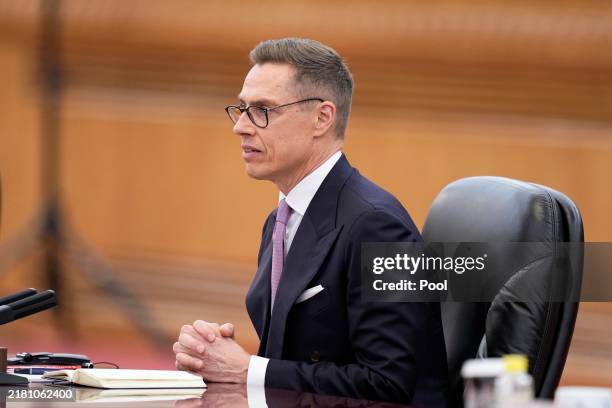 Finnish President Alexander Stubb speaks during a meeting with China's President Xi Jinping at the Great Hall of the People on October 29, 2024 in...