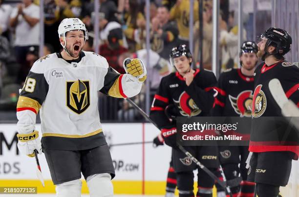 Tomas Hertl of the Vegas Golden Knights celebrates with teammates on the bench after scoring a third-period power-play goal against the Ottawa...
