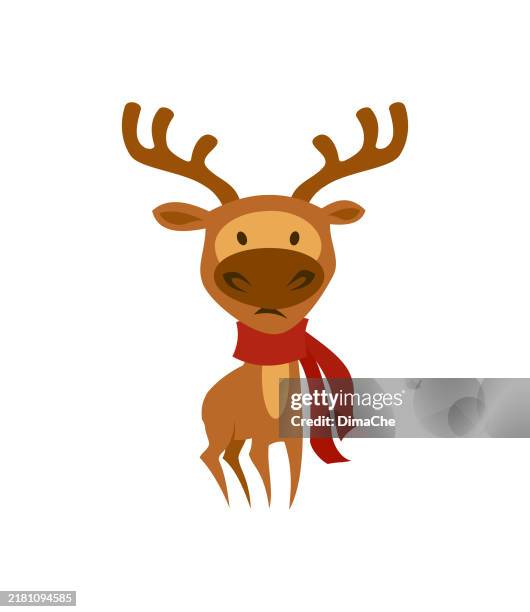cute deer, stag, elk, moose in red scarf - vector xmas deer illustration, logo, sticker, t-shirt print, greeting card - antler stock illustrations