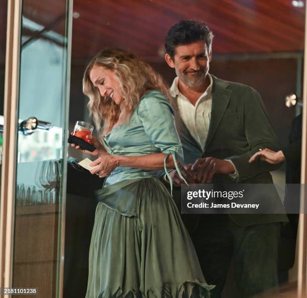 Sarah Jessica Parker and Jonathan Cake film a scene on the set of "And Just Like That..." Season 3 at Lincoln Ristorante at Lincoln Center on October...