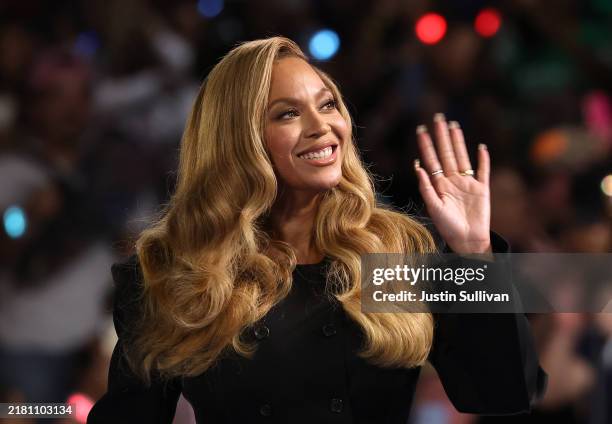 Recording artist Beyonce looks on during a campaign rally with Democratic presidential nominee, U.S. Vice President Kamala Harris, at Shell Energy...