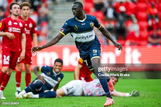 Sabit Ngor of the Mariners celebrates after scoring his teams first goal during the round two A-League Men match between Adelaide United and Central...