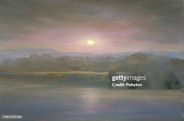 twilight on the river, oil painting - impressionism art stock illustrations