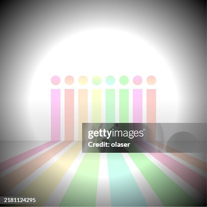 Rainbow 3D bar graph showing equal progress, on wall Rainbow 3D bar graph showing equal progress, on wall