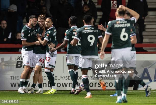 Bolton Wanderers' John McAtee celebrates scoring his side's second goal during the Sky Bet League One match between Stevenage and Bolton Wanderers at...