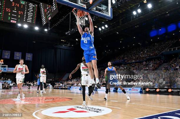 Josh Bannan of the Bullets slam dunks during the round six NBL match between Brisbane Bullets and Tasmania Jackjumpers at Brisbane Entertainment...