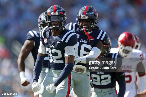 Jarell Stinson of the Mississippi Rebels reacts during the first half against the Oklahoma Sooners at Vaught-Hemingway Stadium on October 26, 2024 in...