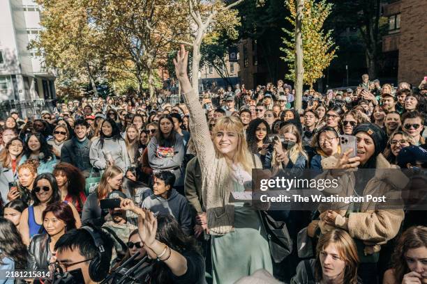 Oactorber 27 : People react during a Timothee Chalamet lookalike contest in New York on Oct 27, 2024.