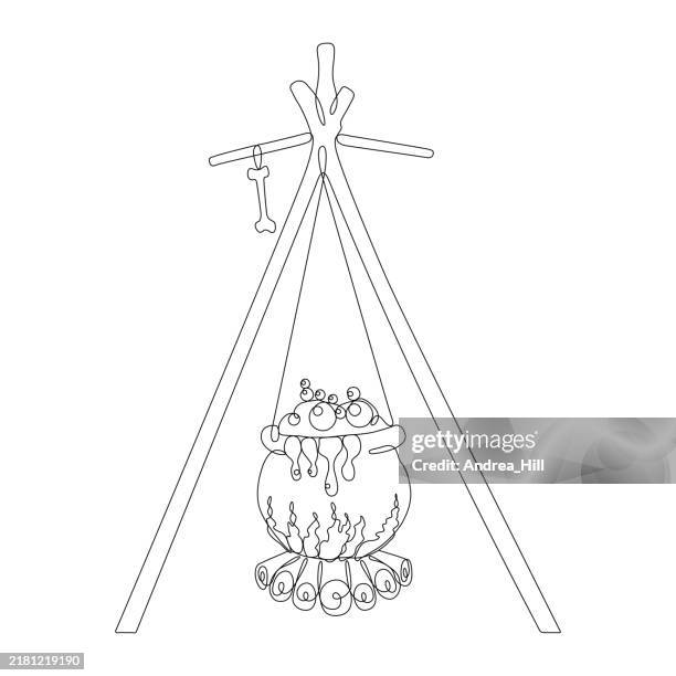 halloween witch's cauldron continuous line drawing with copy space and color elements - flames transparent background stock illustrations