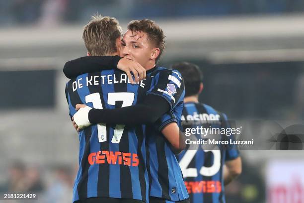 Charles De Ketelaere of Atalanta celebrates scoring his team's third goal with teammate Mateo Retegui during the Serie A match between Atalanta and...