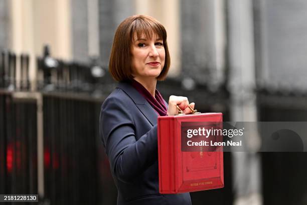 Chancellor of the Exchequer, Rachel Reeves, poses with the red Budget Box as she leaves 11 Downing Street to present the government's annual budget...