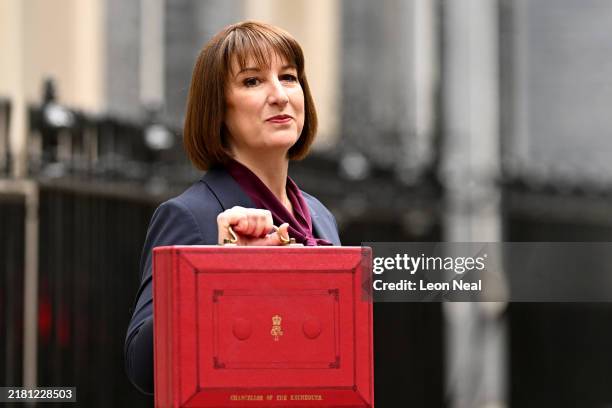 Chancellor of the Exchequer, Rachel Reeves, poses with the red Budget Box as she leaves 11 Downing Street to present the government's annual budget...