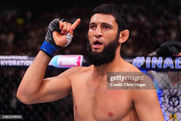 Khamzat Chimaev of Russia prepares to face Robert Whittaker of New Zealand in a middleweight fight during the UFC 308 event at Etihad Arena on...