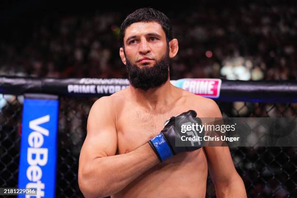 Khamzat Chimaev of Russia prepares to face Robert Whittaker of New Zealand in a middleweight fight during the UFC 308 event at Etihad Arena on...