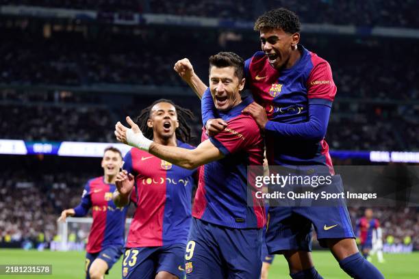 Robert Lewandowski of FC Barcelona celebrates after scoring their side's first goal with his teammate Lamine Yamal of FC Barcelona during the LaLiga...