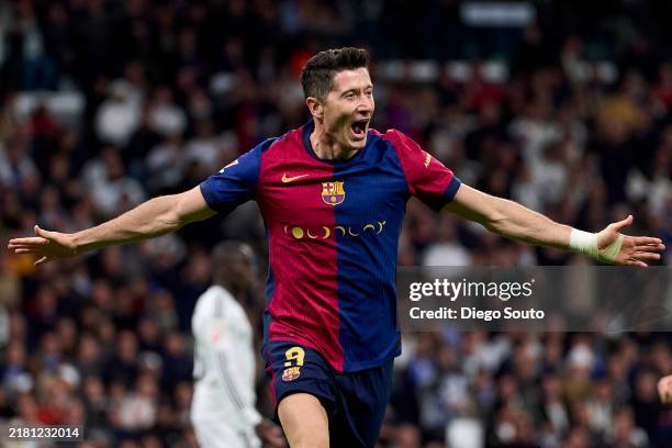 Robert Lewandowski of FC Barcelona celebrates his team second goal during the LaLiga match between Real Madrid CF and FC Barcelona at Estadio...