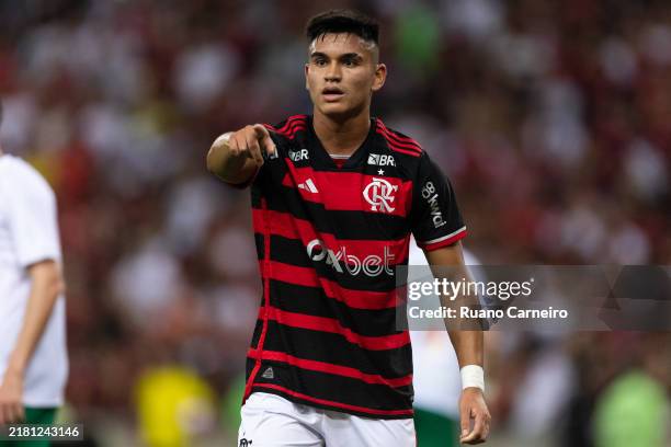 Carlos Alcaraz of Flamengo gestures during the match between Flamengo and Juventude as part of Brasileirao 2024 at Maracana Stadium on October 26,...